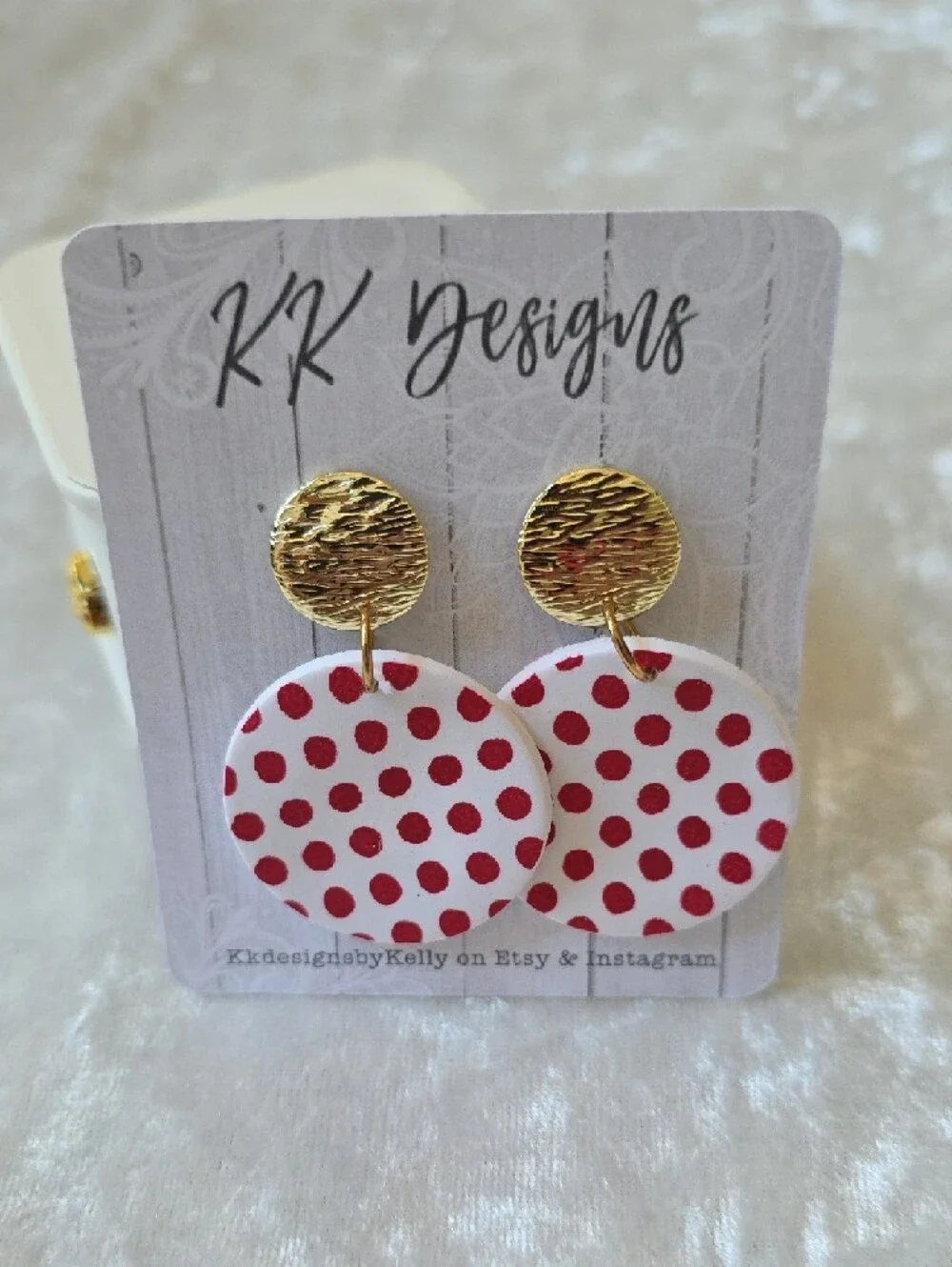 NWT KK Designs Gold With White And Red Polka Dots Earrings - Picture 4 of 4